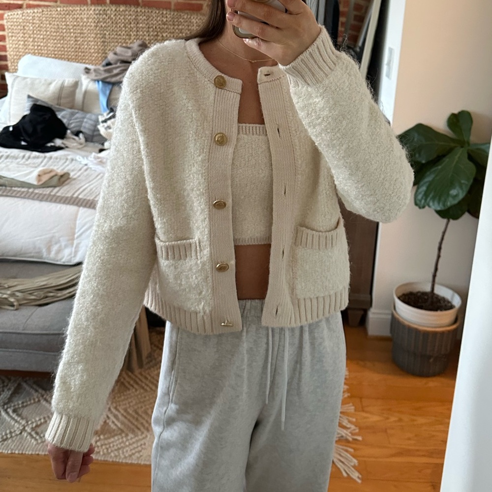 Zara BOUCLE knit cardigan sweater and bandeau set small ecru fuzzy teddy gold - Picture 10 of 13